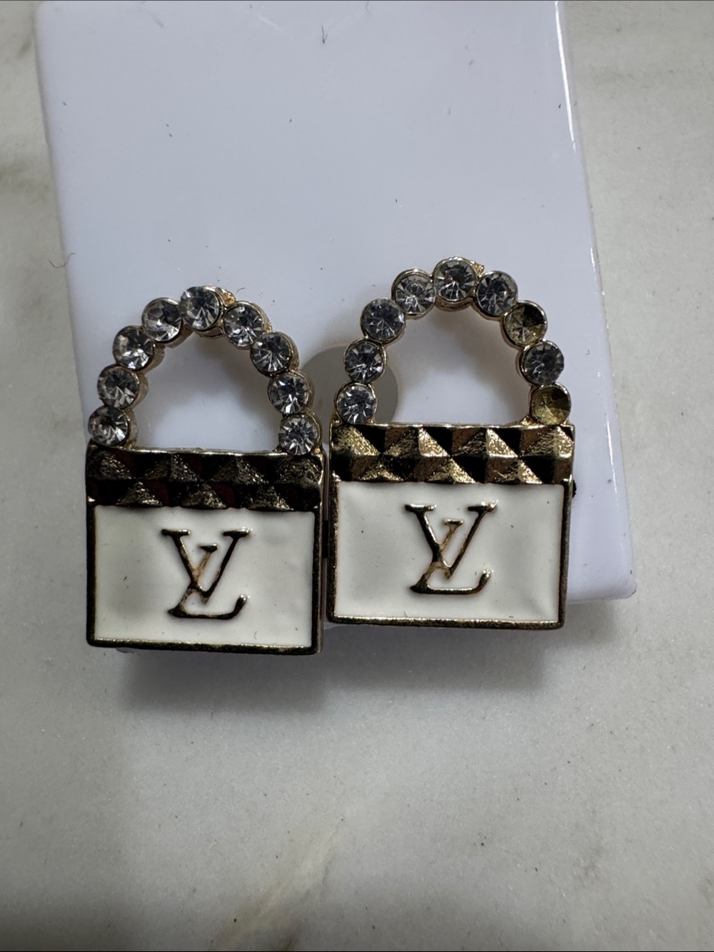 Inspire White Enamel Padlock Earrings with Crystal Handles